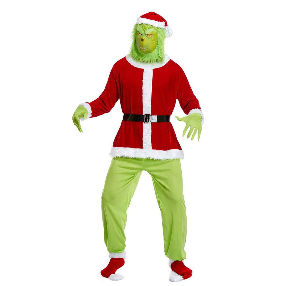 (180-190cm) Christmas Erwachsenen Kostüm Grüner Bösewicht Weihnachts Verkleidung für Motto Partys inkl. Handschuhe / Schuhstulpen / Mütze - Grün
