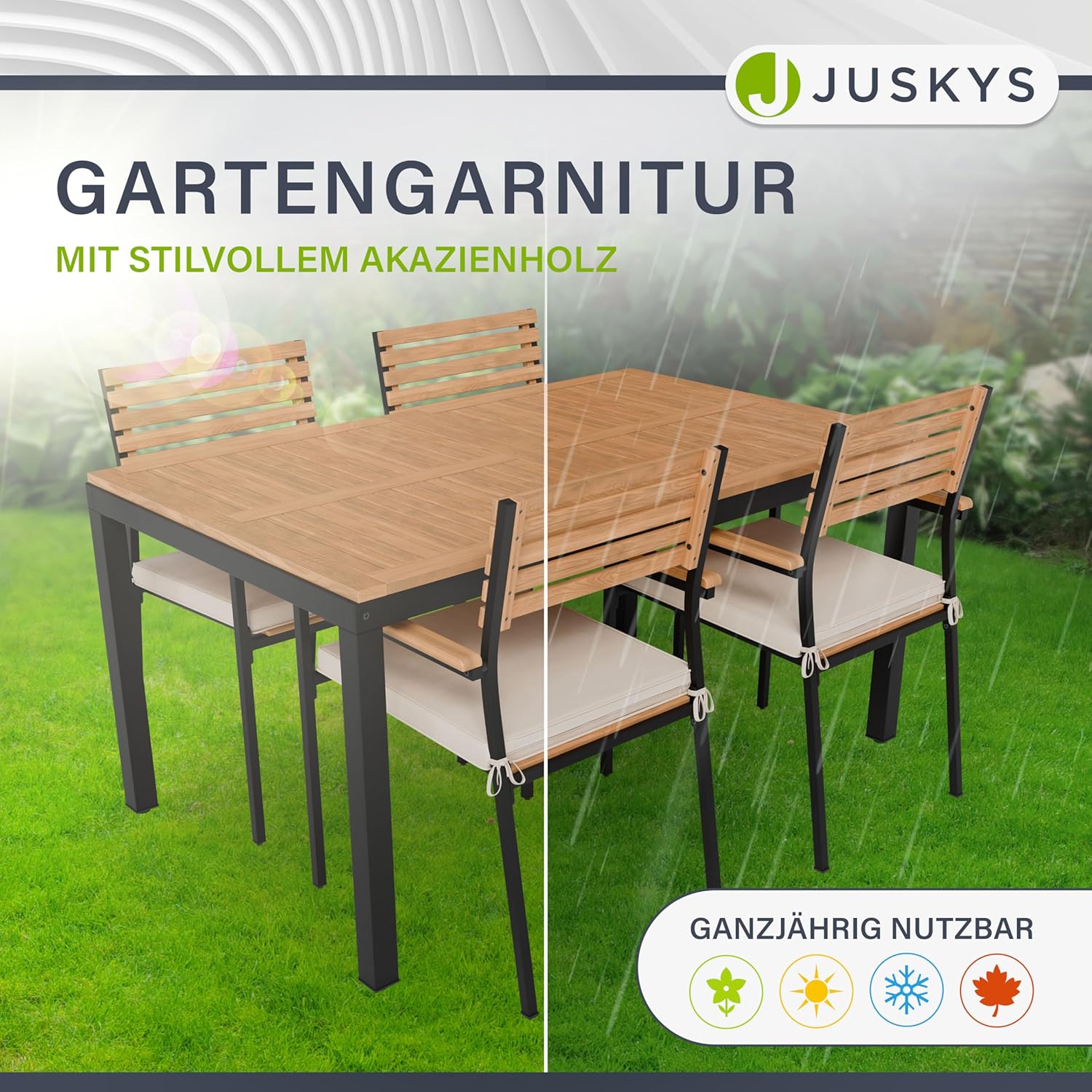 Juskys Akazienholz Gartengarnitur Rhodos - Tisch, 4 Stühle & Auflagen - Holz Gartenmöbel Set 5-teilig - Balkonmöbel -Outdoor Möbel Natur & Schwarz