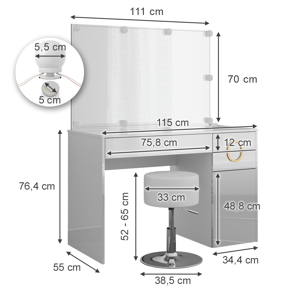Vicco Schminktisch Adela Weiß Hochglanz, 115 x 76,4 cm mit Spiegel, LED, Hocker