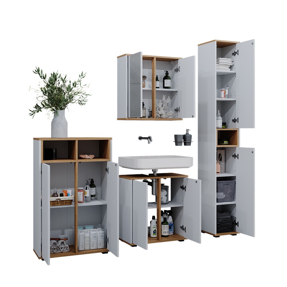 Vicco Badmöbel-Set Didi Weiß Eiche 4 Teile Hochschrank Midischrank mit 2 Türen