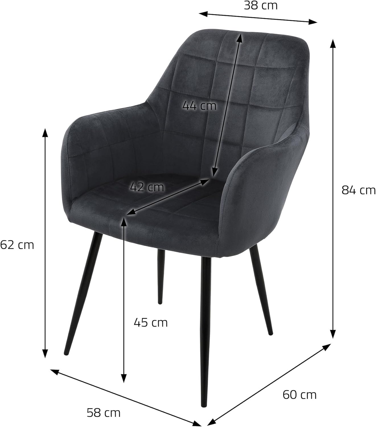 ECD Germany 2er Set Esszimmerstühle mit Rücken- und Armlehnen, Dunkelgrau, Küchenstühle mit Samtbezug, Polsterstühle mit Metallbeinen, Ergonomische Stühle für Esstisch, Wohnzimmerstühle Esszimmerstuhl