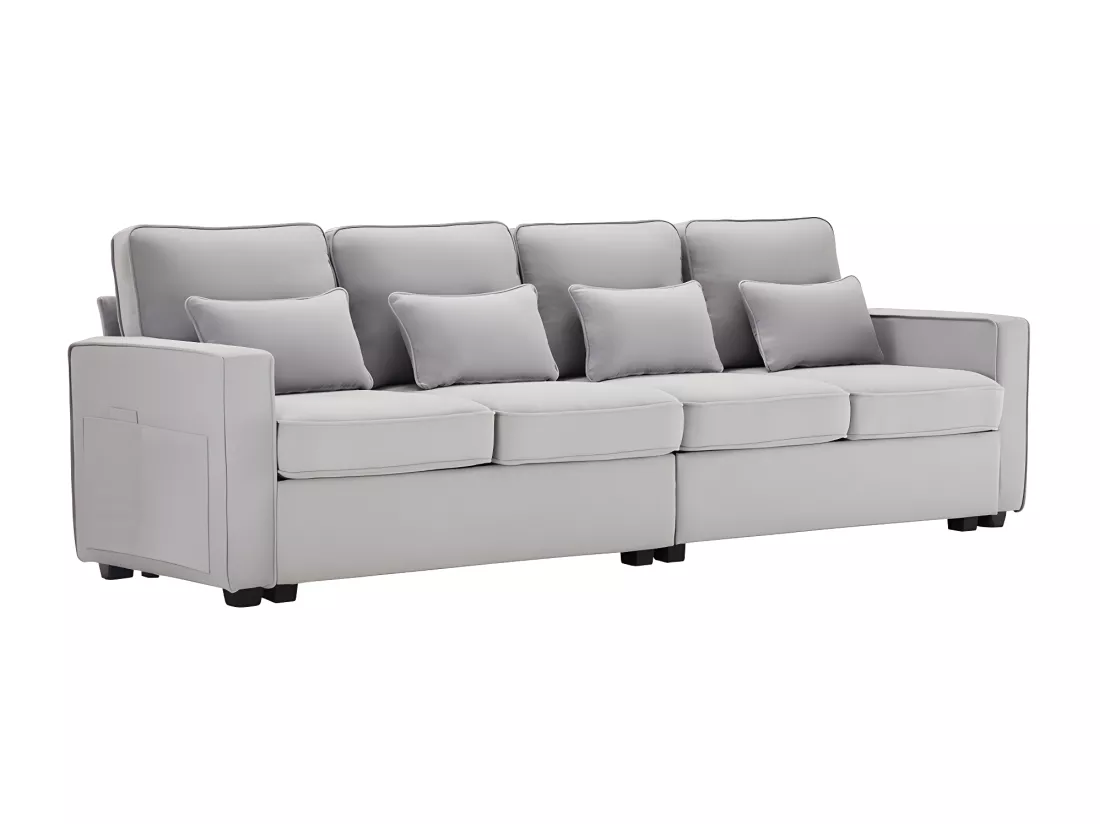 Canapé droit 4 places avec poches accoudoirs et 4 coussins pour le salon l'appartement le bureau Tissu de lin Gris