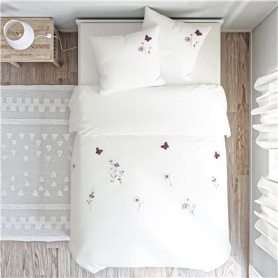 Linge de lit percale brodée fleurs et papillons - BECQUET CRÉATION