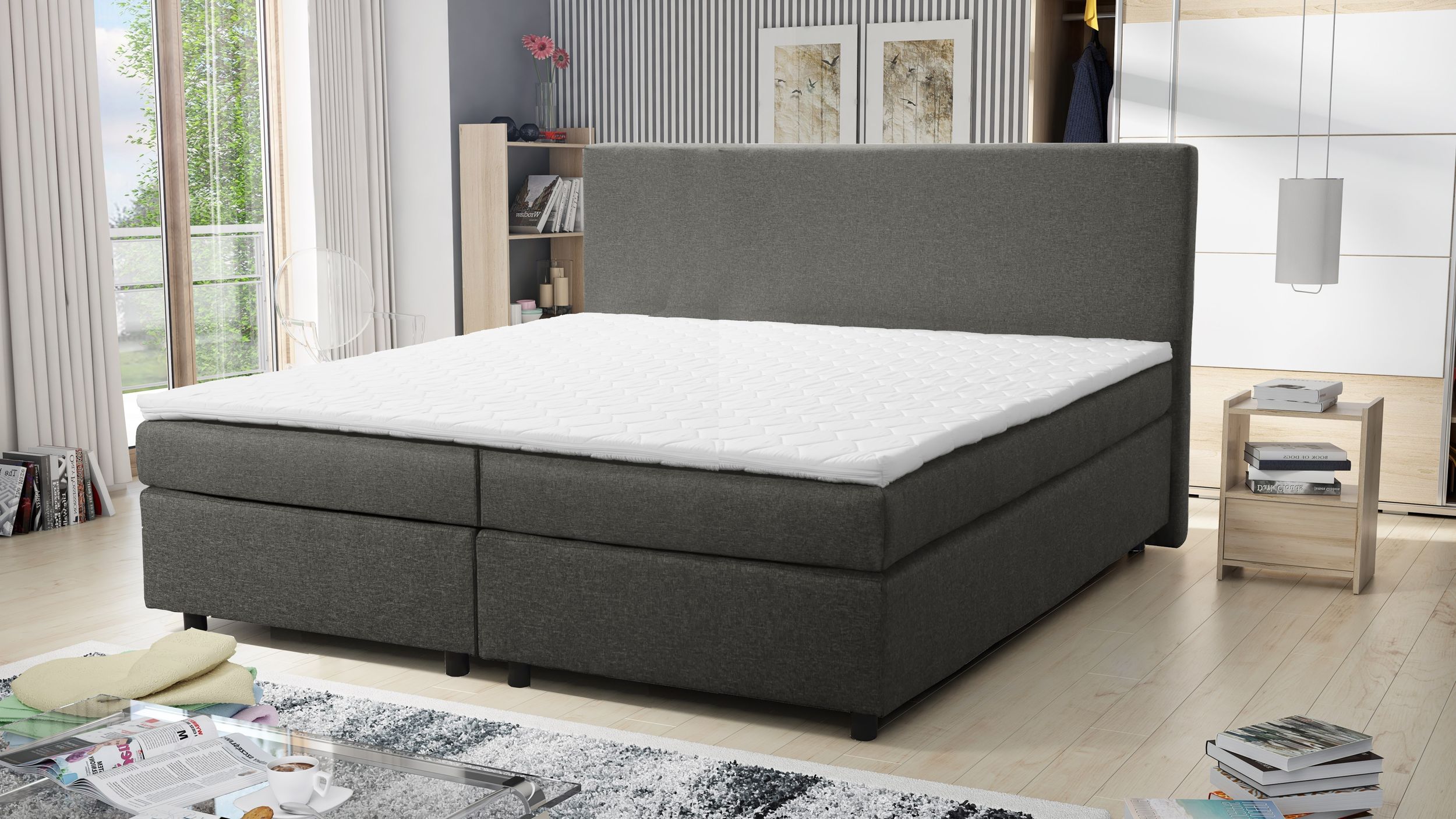 Boxspringbett 180x200 Hotelbett Bonellfederkern Bett mit Topper Paxos 5 grau