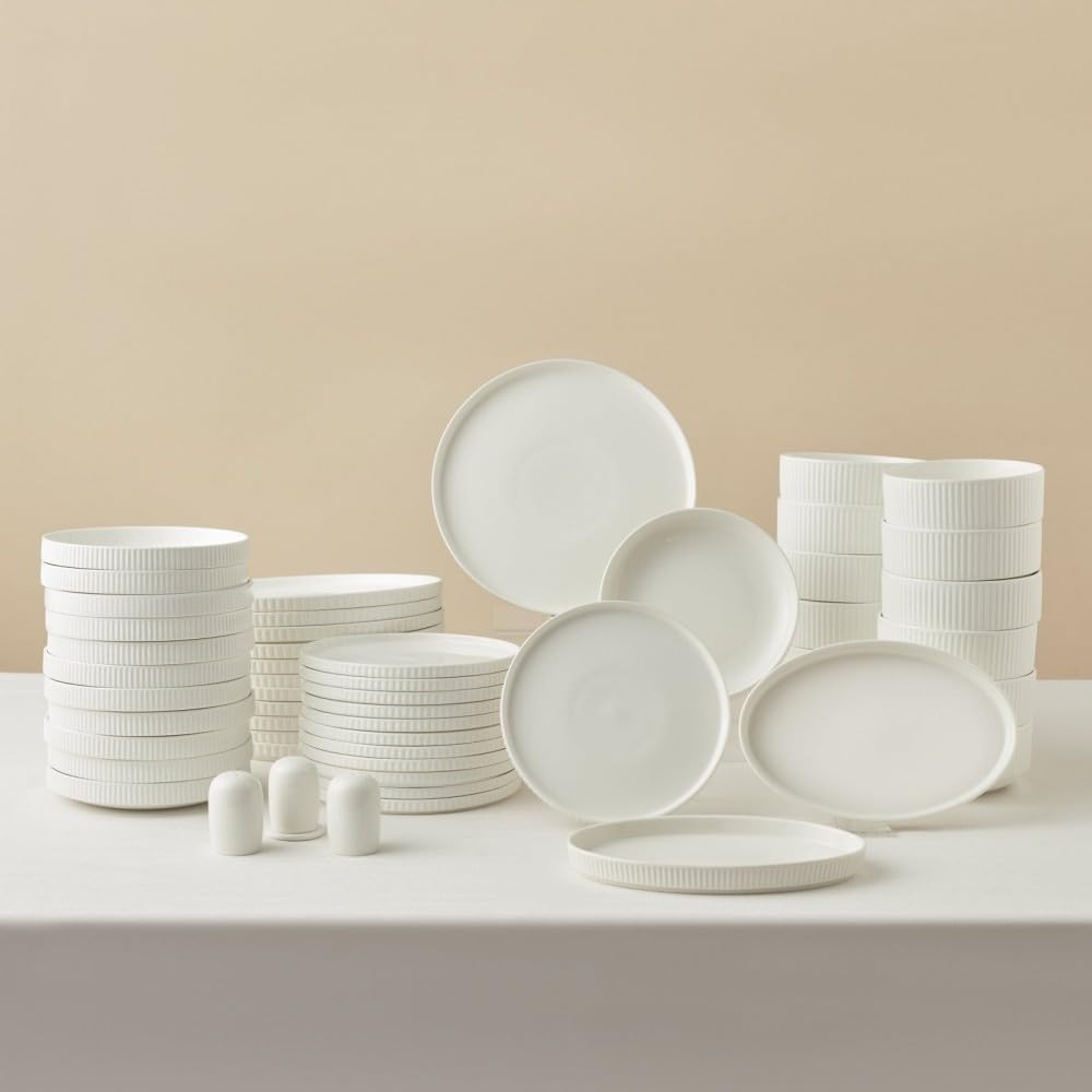 Karaca Forever Bone Pablito - 53-teiliges Geschirrset 12 Personen Modern, New Bone Teller Set Porzellan, Geschirr Set mit Müslischalen, Suppenschalen, Servierplatte, Pastateller, Dessertteller - Weiß