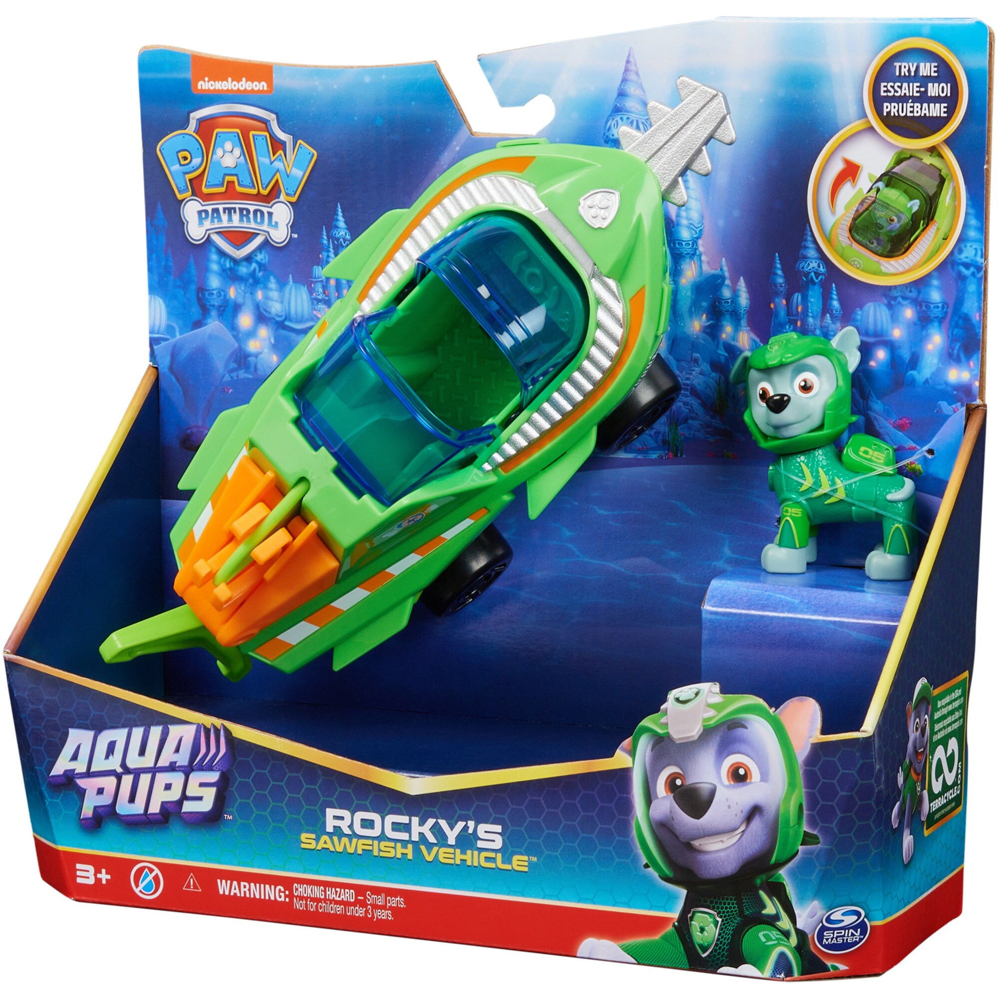 Spin Master Spielfahrzeug PAW Patrol Aqua Pups - Basis Fahrzeug im Sägefisch-Design mit Rocky-Welpenfigur