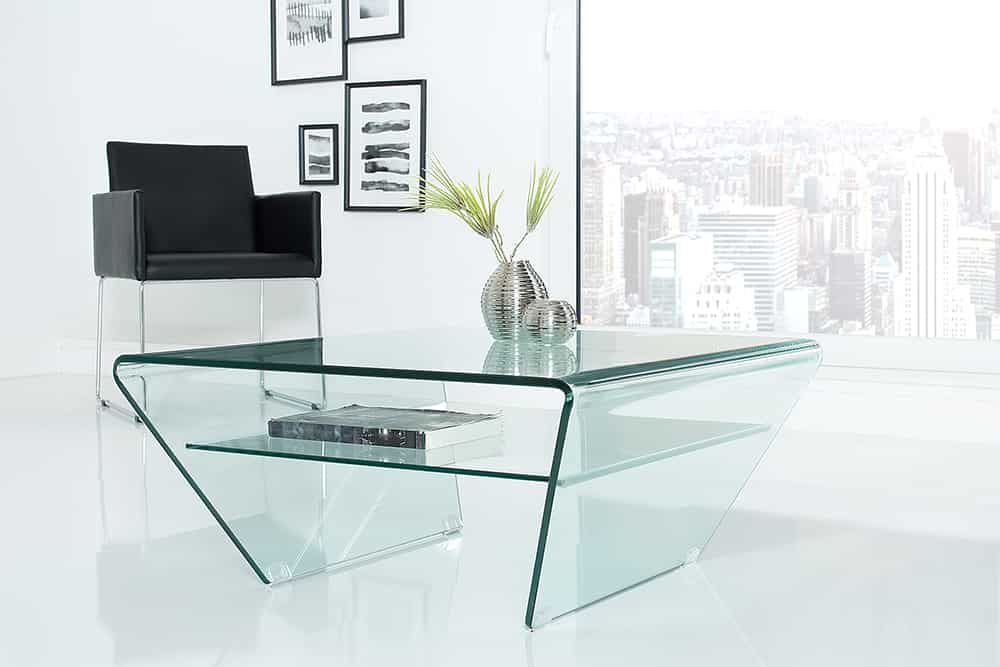 Moderner Glas Couchtisch FANTOME 70cm Trapez mit Ablage transparent