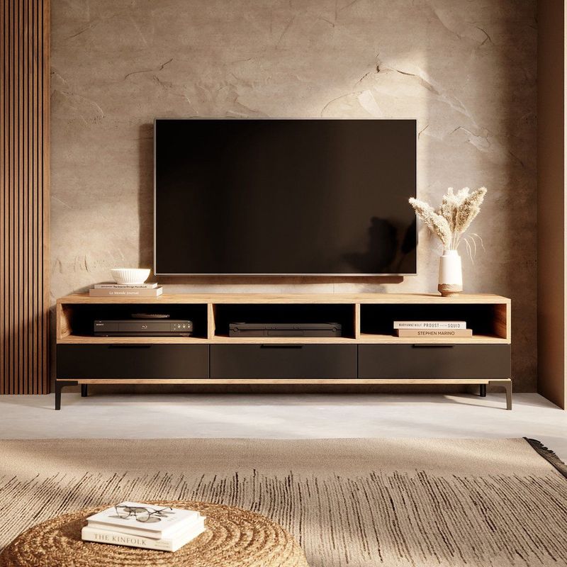 Selsey - RIKKE - TV-meubel - Wotan eiken / Zwart glans - 160 cm - Met Verlichting