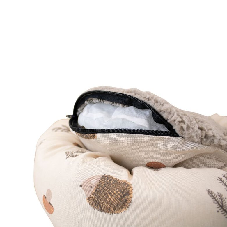 Cama para gatos Leeby branca antiderrapante em formato de donut com ouriços.
