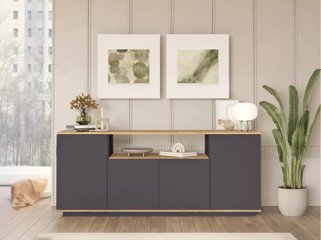 Buffet avec 4 portes et 1 étagère - Anthracite et naturel - LOTULA