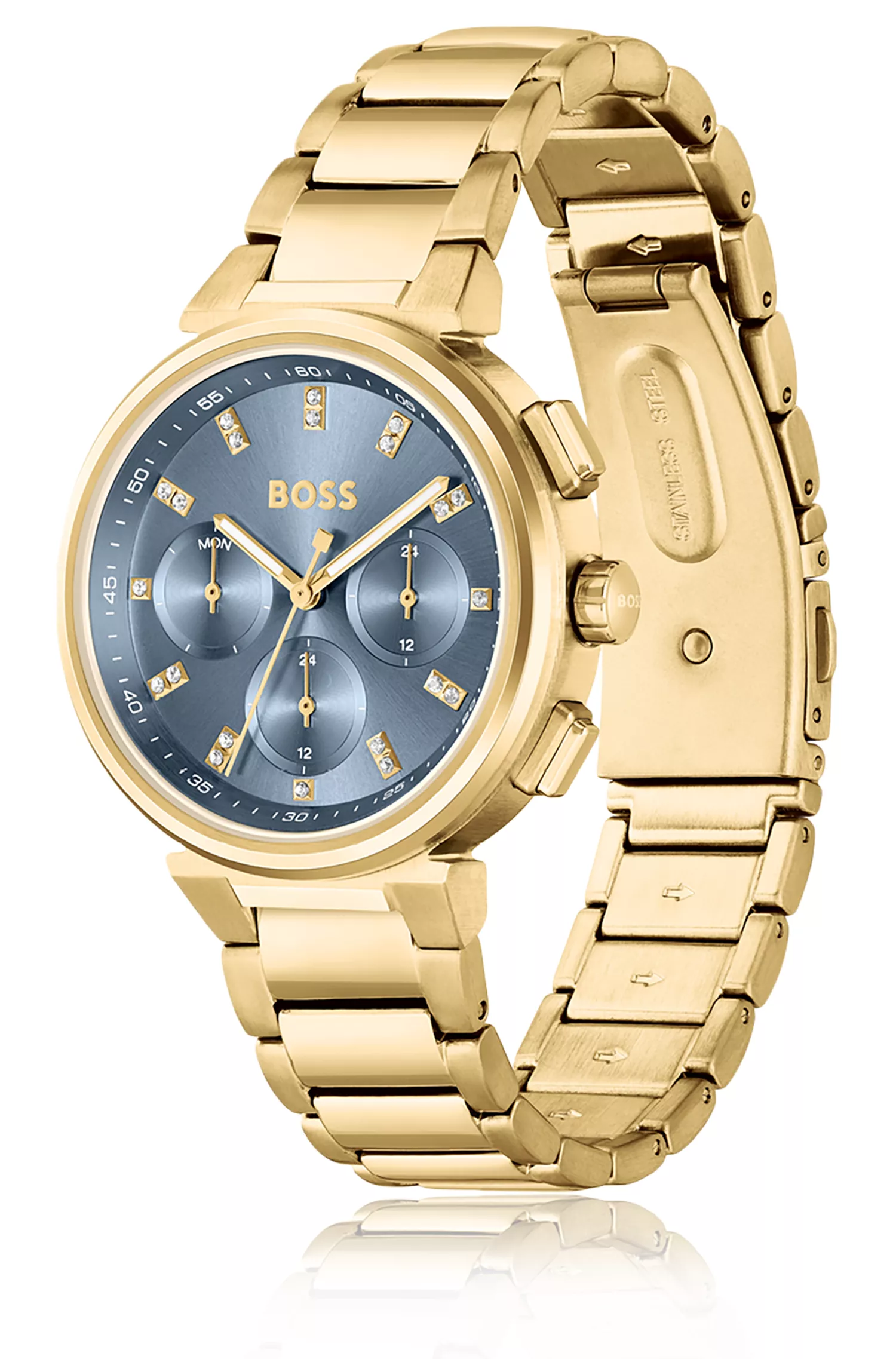 Relógio BOSS em tons de preto e dourado com marcadores de horas em cristal.