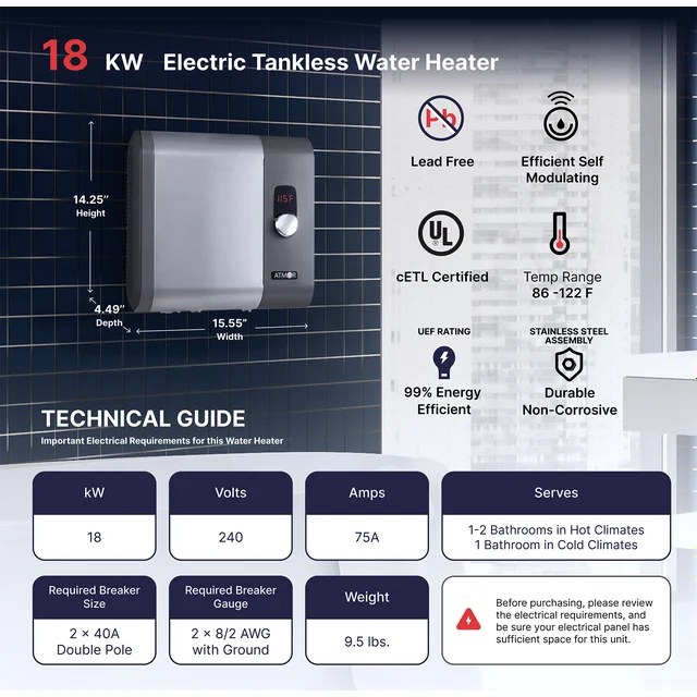 Aquecedor de água elétrico instantâneo Atmor de 18 kW e 3,73 GPM, ideal para residências com 1 quarto, com capacidade para até 3 usos simultâneos.