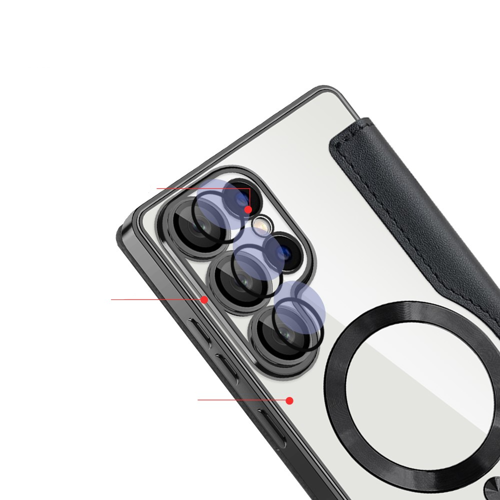 Samsung Galaxy S25 Ultra Hybrid Leder Tasche   Kunststoff Rückseite MagSafe-Modul (RFID Schutz) - Schwarz / Transparent