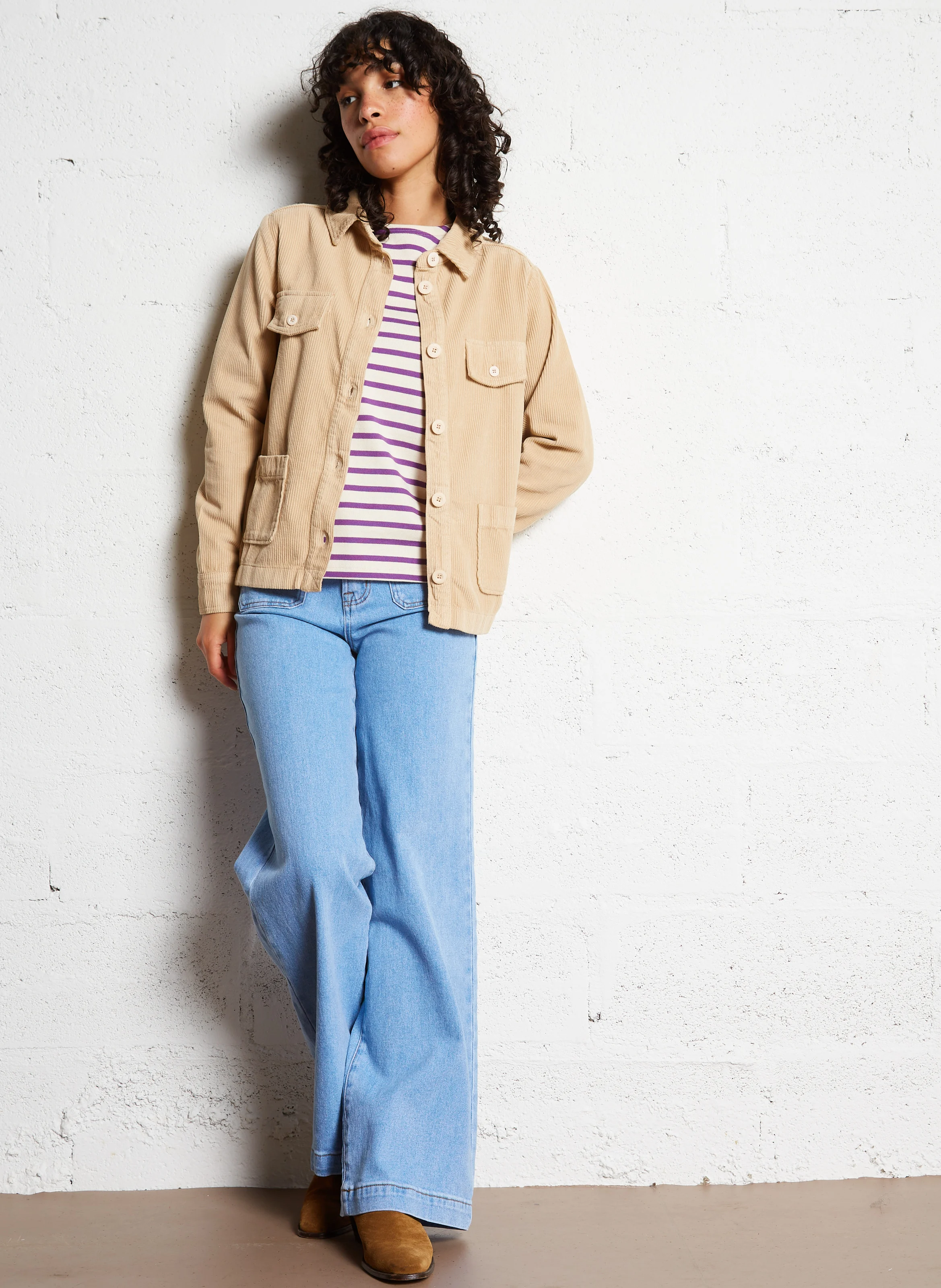 Veste droite col classique en coton | Beige