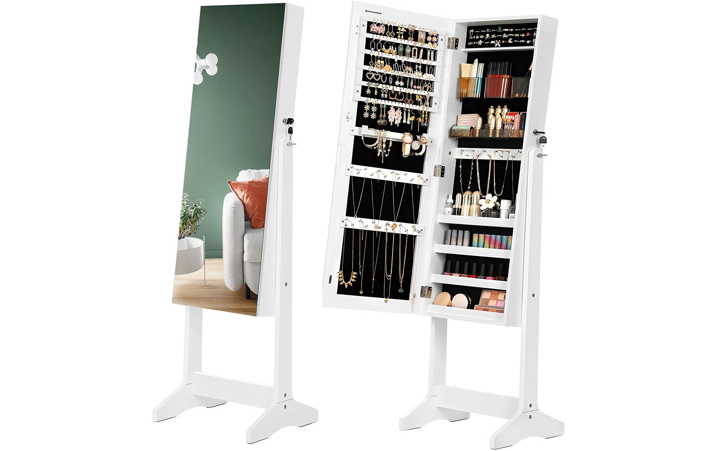 Schmuckhalter mit Spiegel 152 cm, Weiss<br>Schmuckschrank stehend