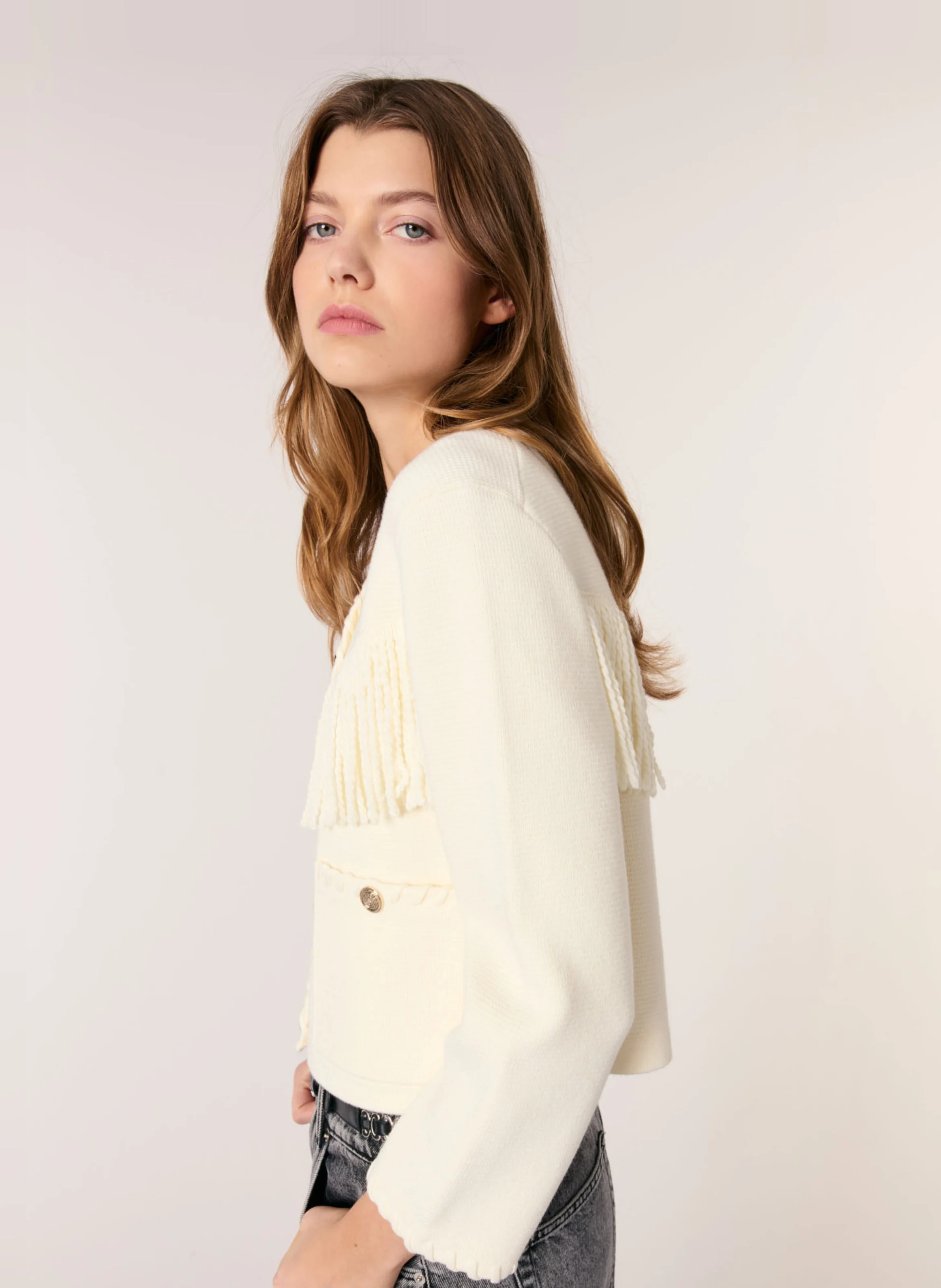 Cardigan col rond en coton mélangé | Beige
