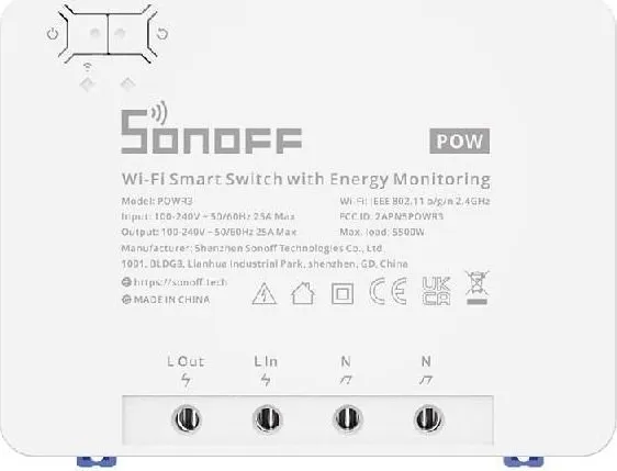 Sonoff POWR3, Intelligent kontakt, Hvid, 100 - 240 V, 50 / 60 Hz, 25 A, 162 mm
