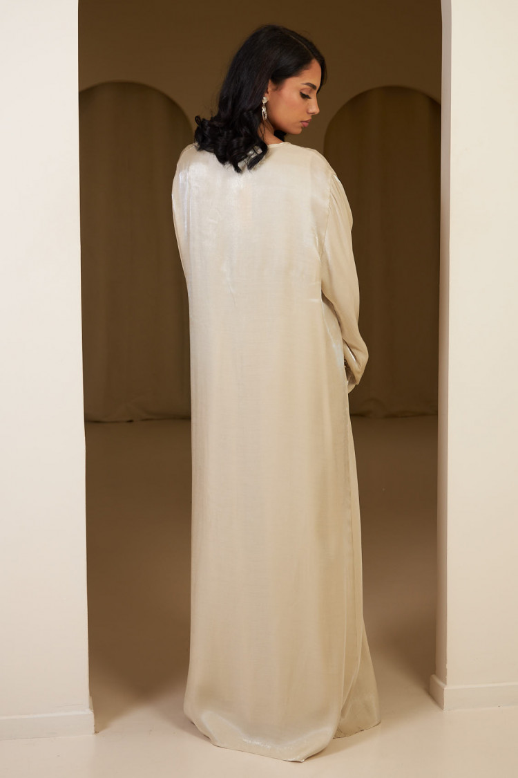 Ensemble 2 pièces abaya + gilet + voile satinée et pailletée beige