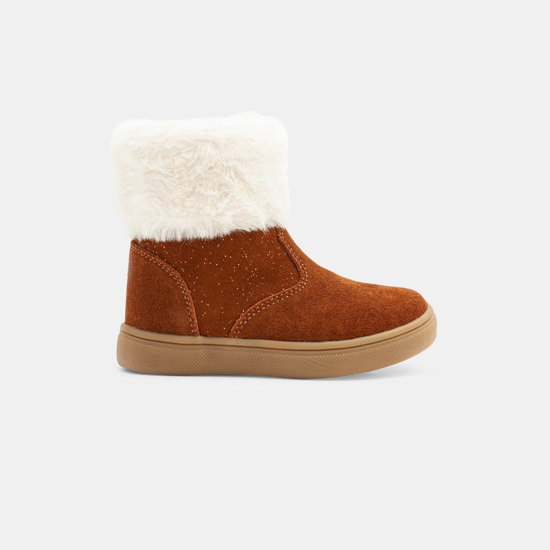 Boots croûte de cuir pailletté à revers fourré beige bébé fille
