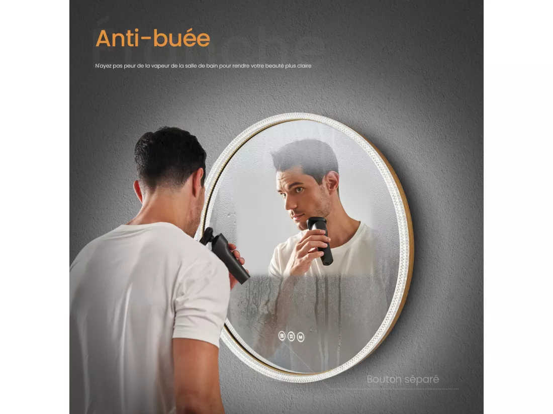EMKE Miroir lumineux salle de bain rond 60cm Cadre Doré, Miroir LED avec Interrupteur Tactile, Anti-buée, Miroir avec éclairage 3 couleurs