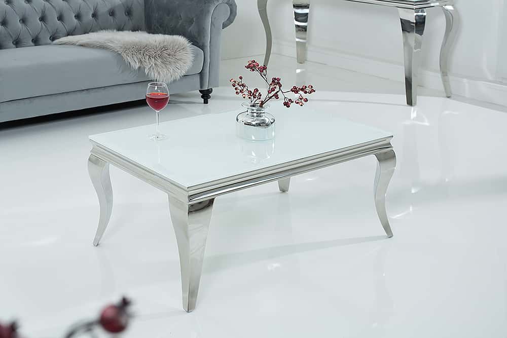 Eleganter Couchtisch MODERN BAROCK 100cm silber mit weißem Opalglas