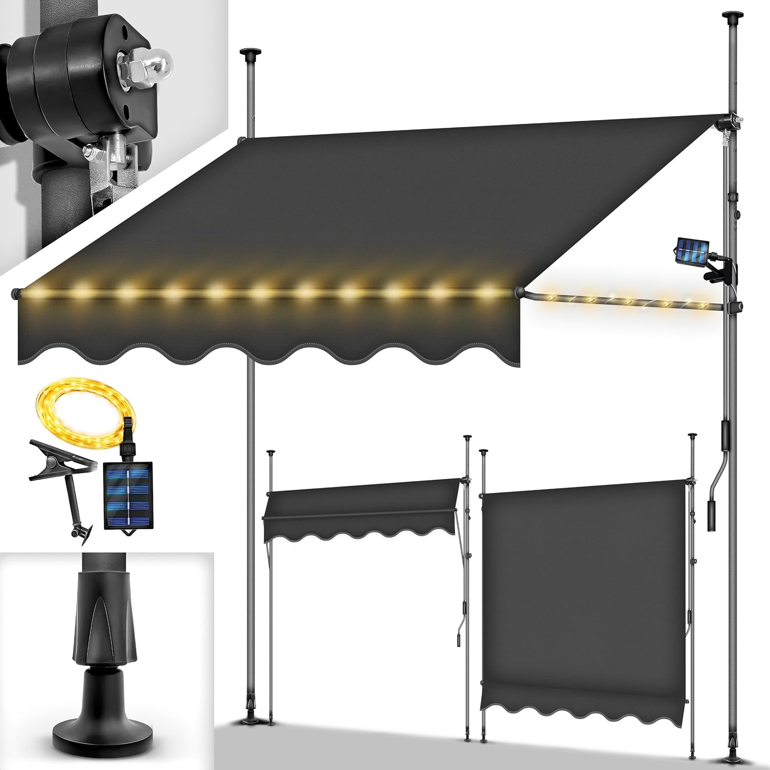 tillvex Klemmmarkise mit Handkurbel Balkon | Balkonmarkise ohne Bohren | Markise UV-beständig & höhenverstellbar | Sonnenschutz wasserdicht (Anthrazit mit LED, 250cm)