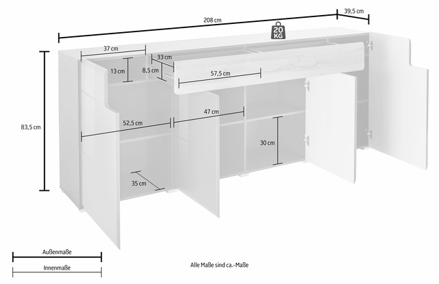INOSIGN Sideboard »Toledo,Breite 208cm,moderne Kommode mit dekorative Fräsungen,grifflos« Kombikommode mit viel Stauraum, Einlegeböden verstellbar