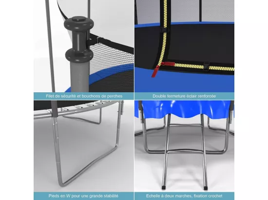 Trampoline extérieur Classique 8Ft ø244cm avec coussin de protection réversible Bleu/Noir, Echelle et Filet de sécurité