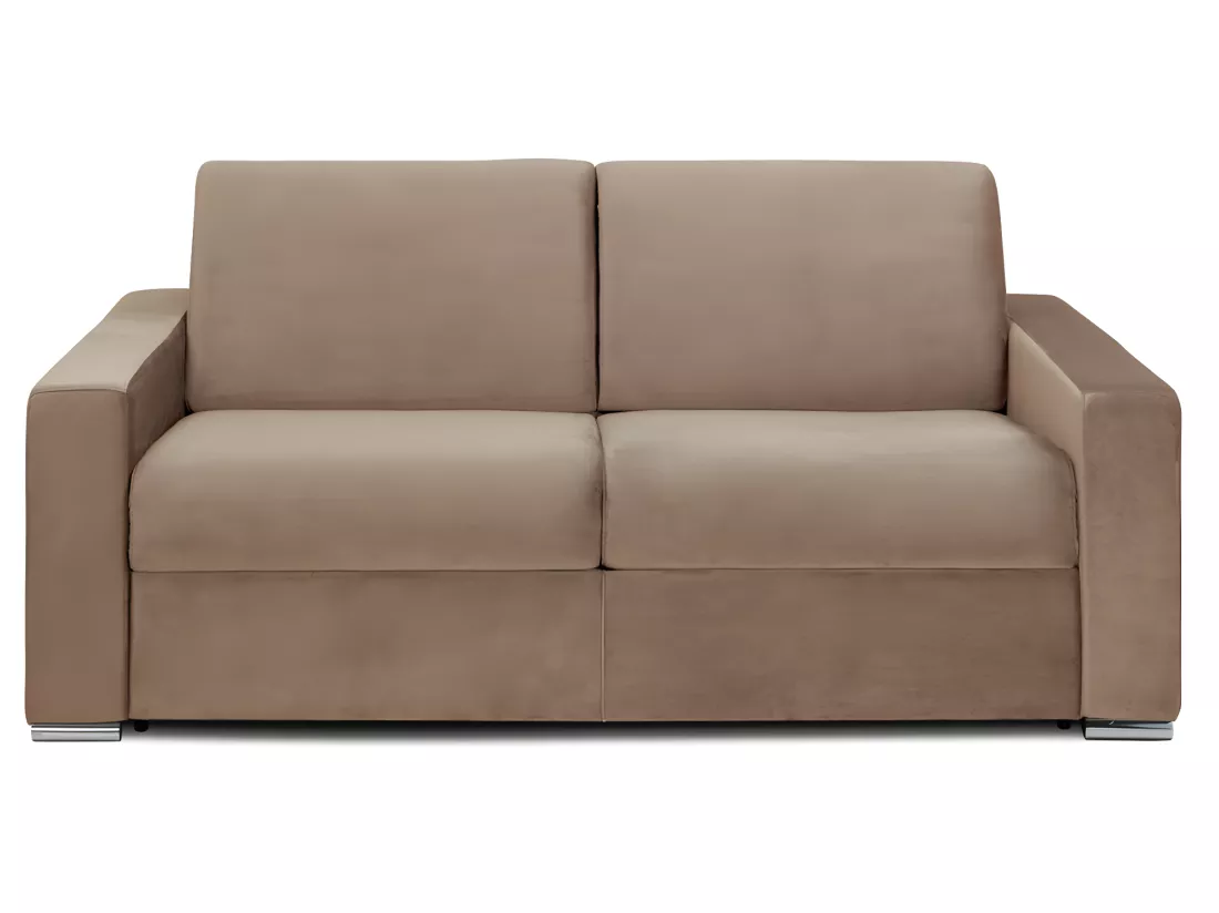 Canapé 3 places convertible express en velours beige - Matelas 18 cm avec mémoire de forme CALITO - Couchage lattes larges 140 cm