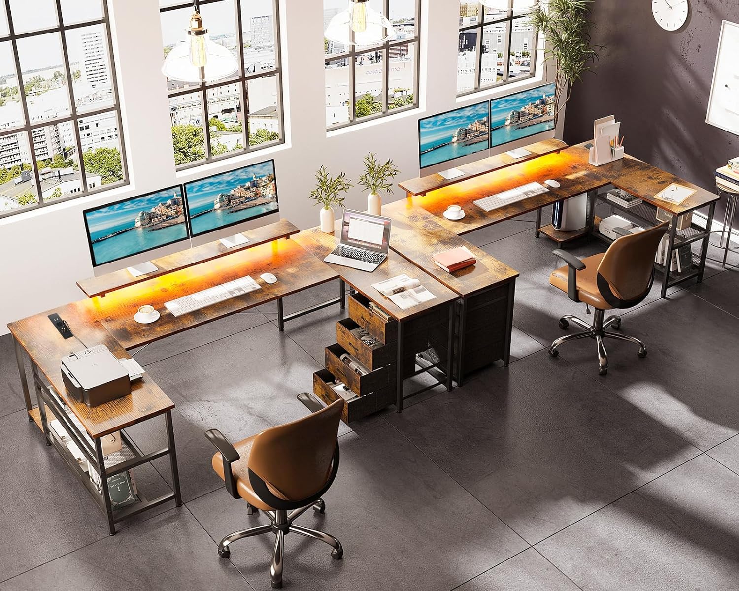 ODK Eckschreibtisch mit 4 Schubladen&Stauraum, 167×102cm Reversible Eckschreibtisch mit 2 Steckdosen und 2 USB Ladeanschluss, Gaming Schreibtisch mit LED&Monitorständer für Home Office, Vintage-Braun