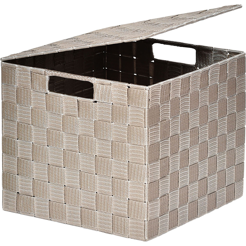 Panier de rangement carré tréssé polyester taupe 26x22.5x26cm
