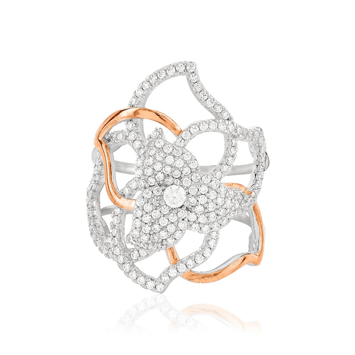 Bague argent 925 2 tons fleur ajourée zirconias