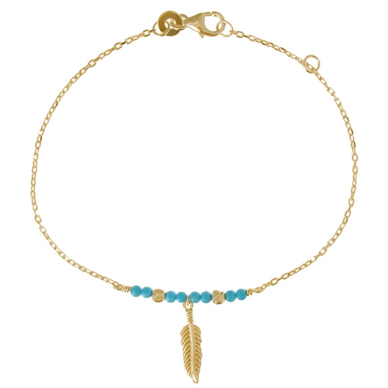 Bracelet Plaqué Or Plume et Perles Turquoise