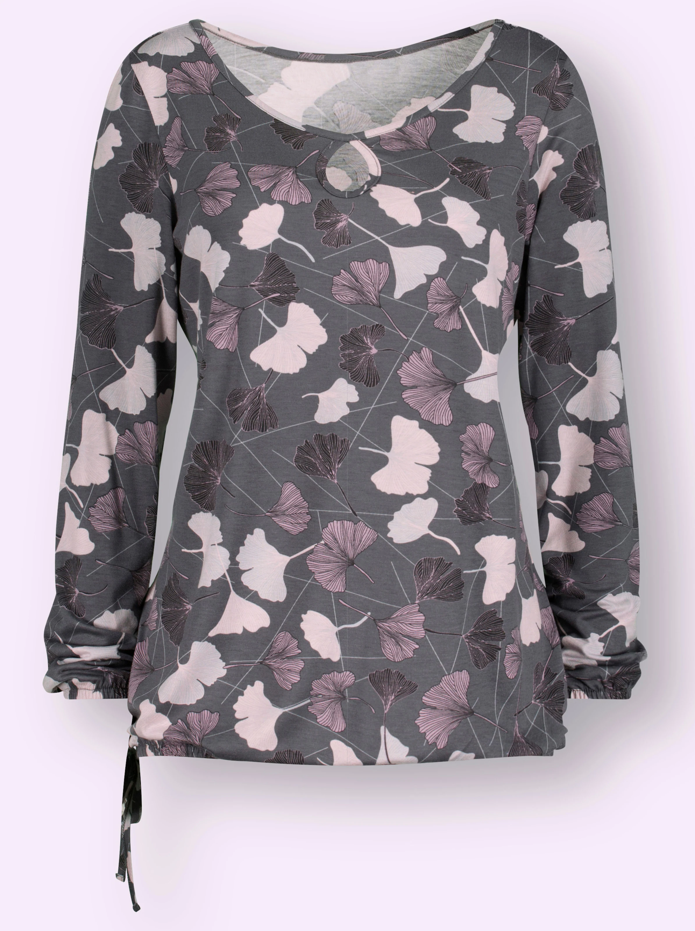 Rundhalsshirt in hellgrau-mauve-bedruckt