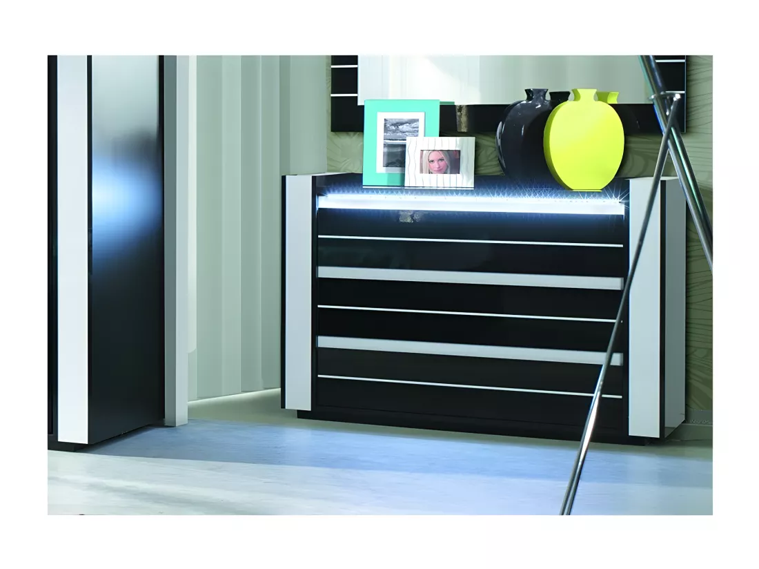 Ensemble design pour chambre à coucher LINA noir. Lit coffre 180x200 + 2 chevets avec LED + commode avec LED