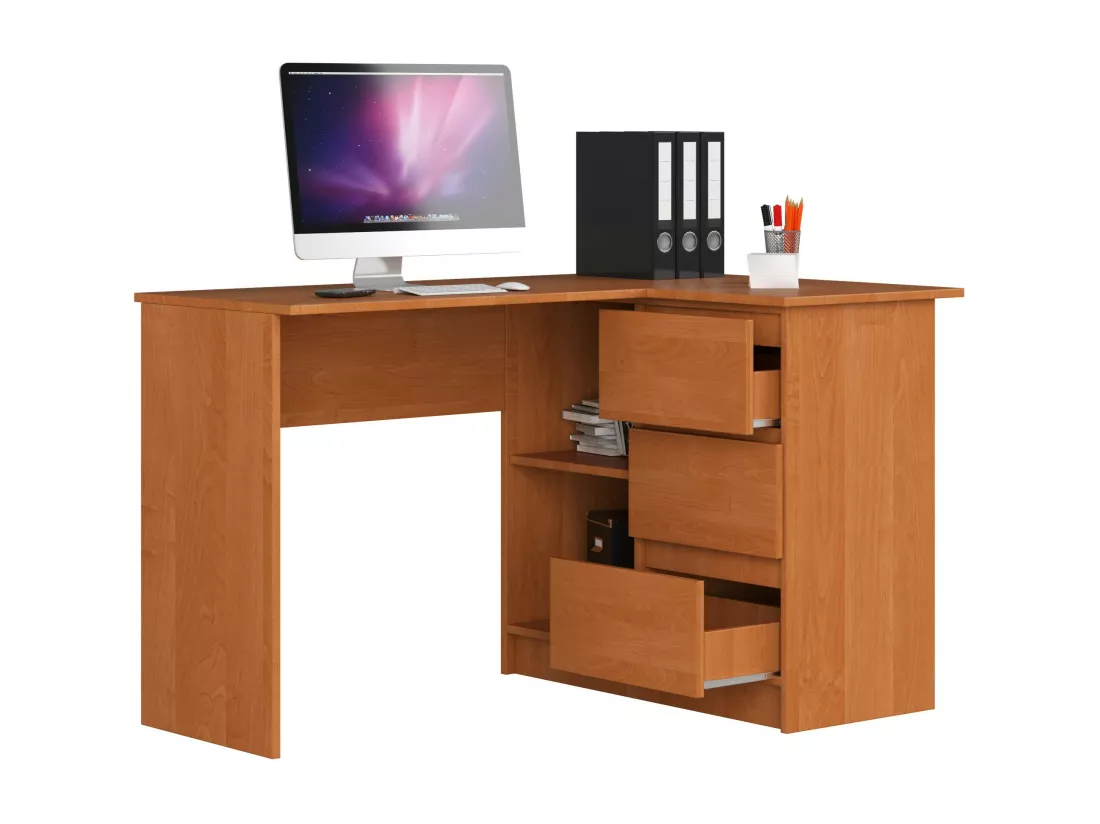 Bureau AKORD d'angle droit B16 Aulne 124 cm 3 tiroirs façade Aulne 2 étagères 124x85x77 cm