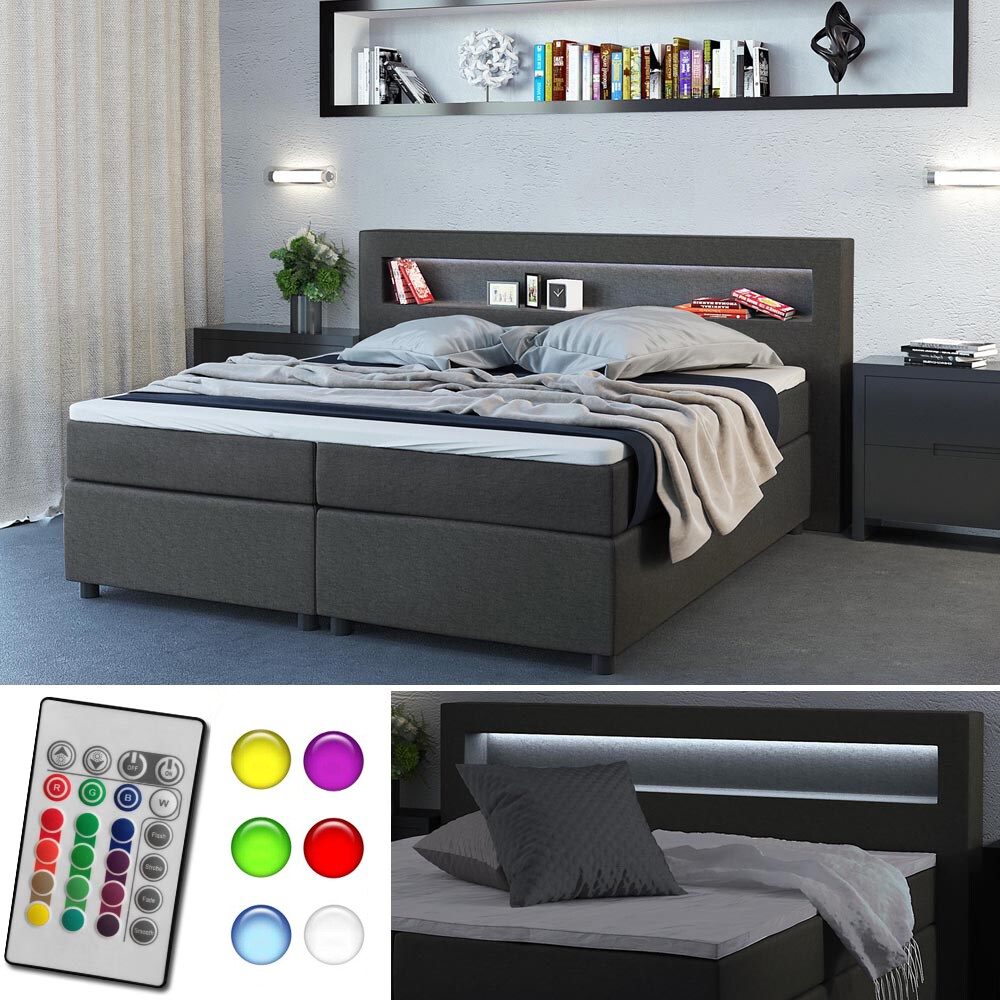 VitaliSpa Boxspringbett Doppelbett 180x200 LED Beleuchtung Komfortschaum Topper