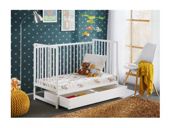 Lit bébé évolutif avec tiroir et matelas collection LUTIN réglable en hauteur. Coloris blanc mat.