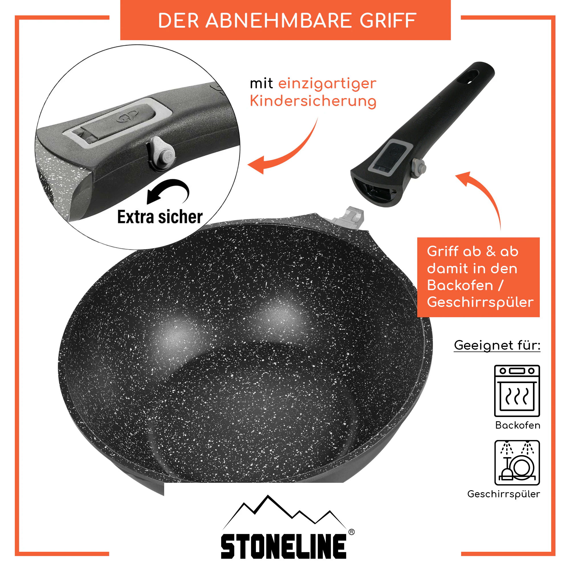 STONELINE® Imagination PLUS Wok 30 cm, mit abnehmbarem Griff, mit Glasdeckel