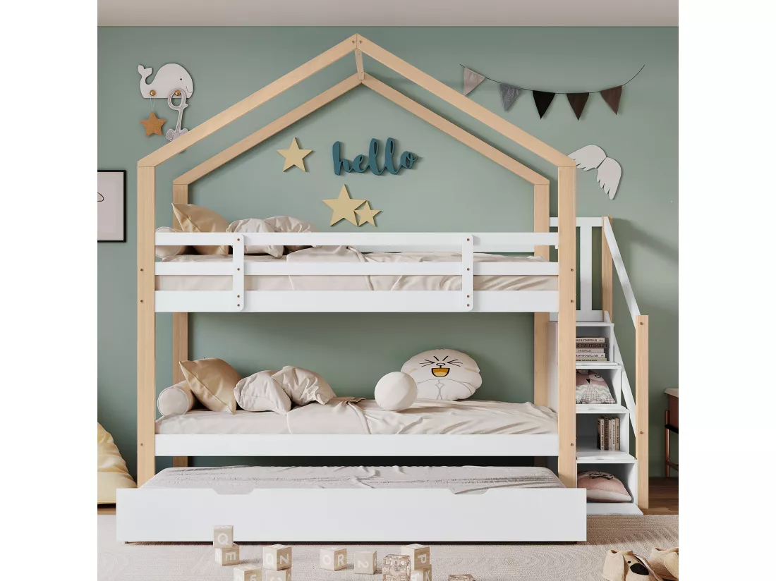 Lits superposés 2 x 90 x 200 cm avec lit gigogne 90 x 190 cm, avec 4 tiroirs et escalier, bois massif + MDF, blanc