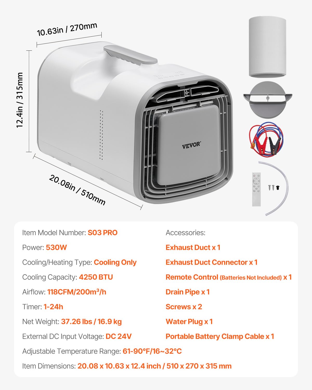 VEVOR Tragbare Klimaanlage, 4250 BTU, 3-Gang-Klimagerät mit 24-Stunden-Timer, Kühler, einstellbar von 16–32 °C, kompatibel mit AC/DC, für Camping, Wohnmobile oder den Heimgebrauch, 510x270x315 mm