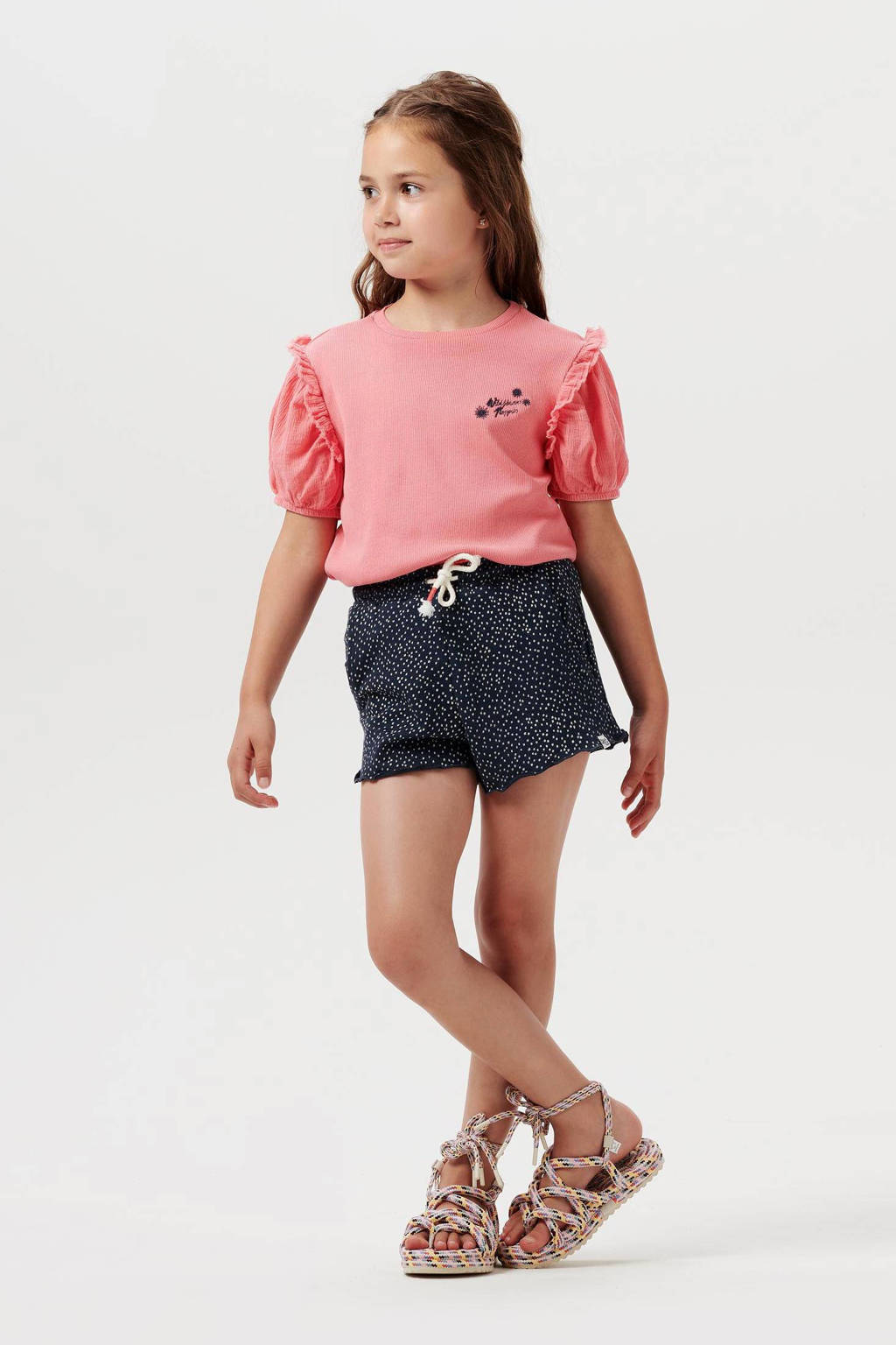 Noppies T-shirt Payson met tekst en ruches roze