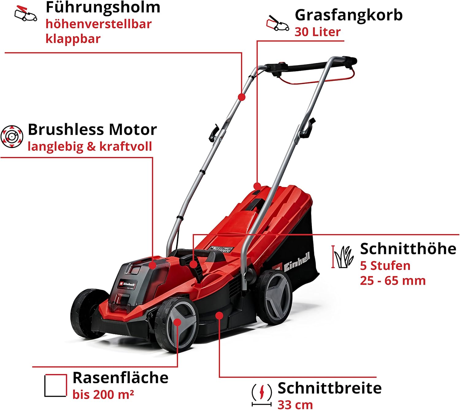 Einhell Akku-Rasenmäher GE-cm 18/33 Li Kit Power X-Change (18 V, 33 cm Schnittbreite, bis 200 m², Brushless, 30L Fangkorb, 25-65 mm Schnitthöhe, inkl. 4,0 Ah Akku und Ladegerät)
