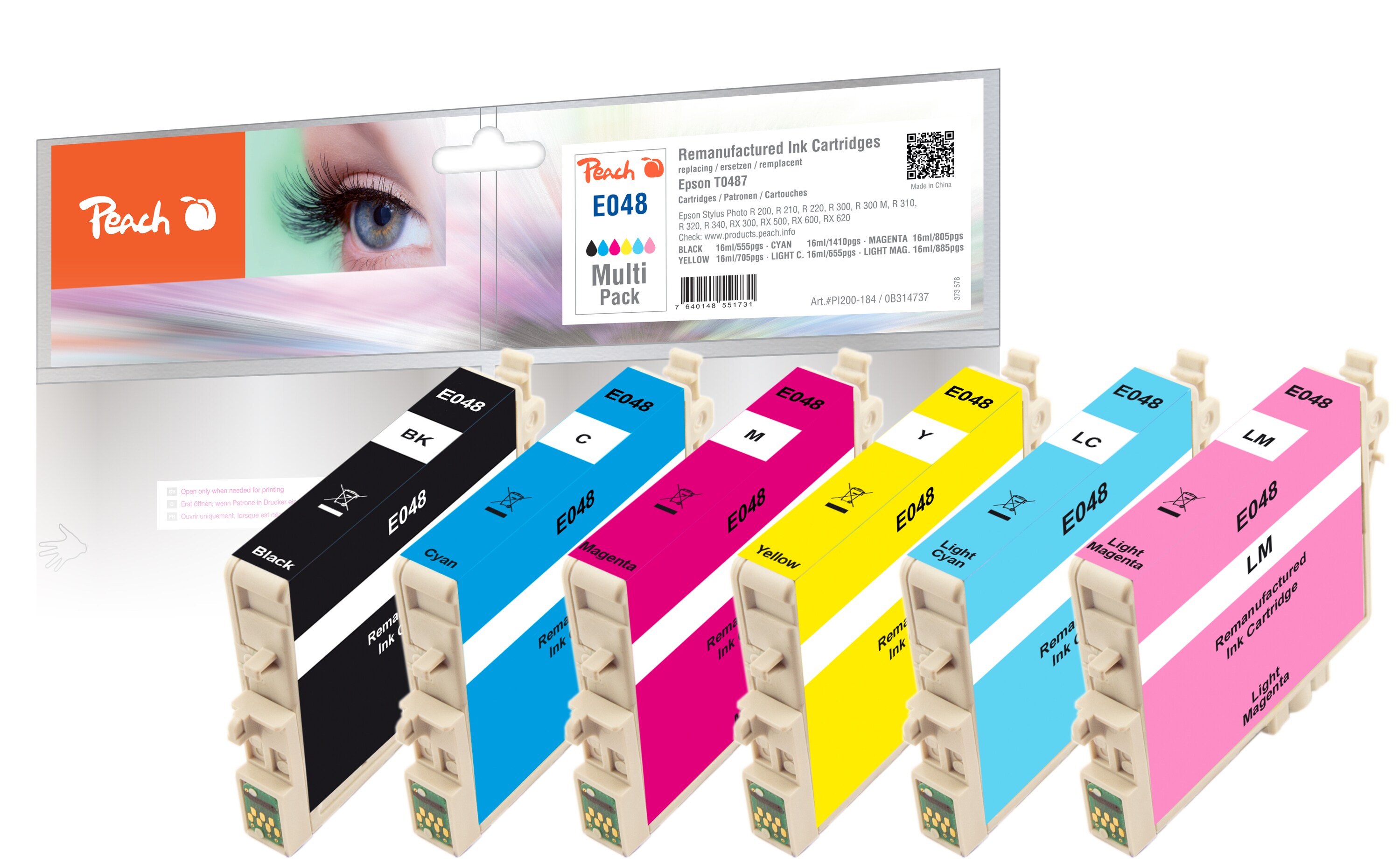 Peach E4876 Druckerpatronen (bk, cy, cyph, ma, maph, ye) ersetzt Epson T0487, C13T04874010 für z.B. Epson Stylus Photo RX 620 (wiederaufbereitet)
