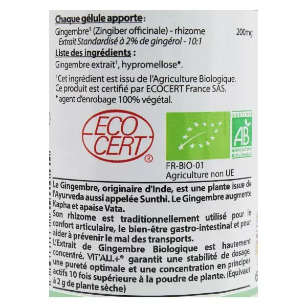 Vit'all+ Gengibre Orgânico 200mg 60 Cápsulas Vegetais