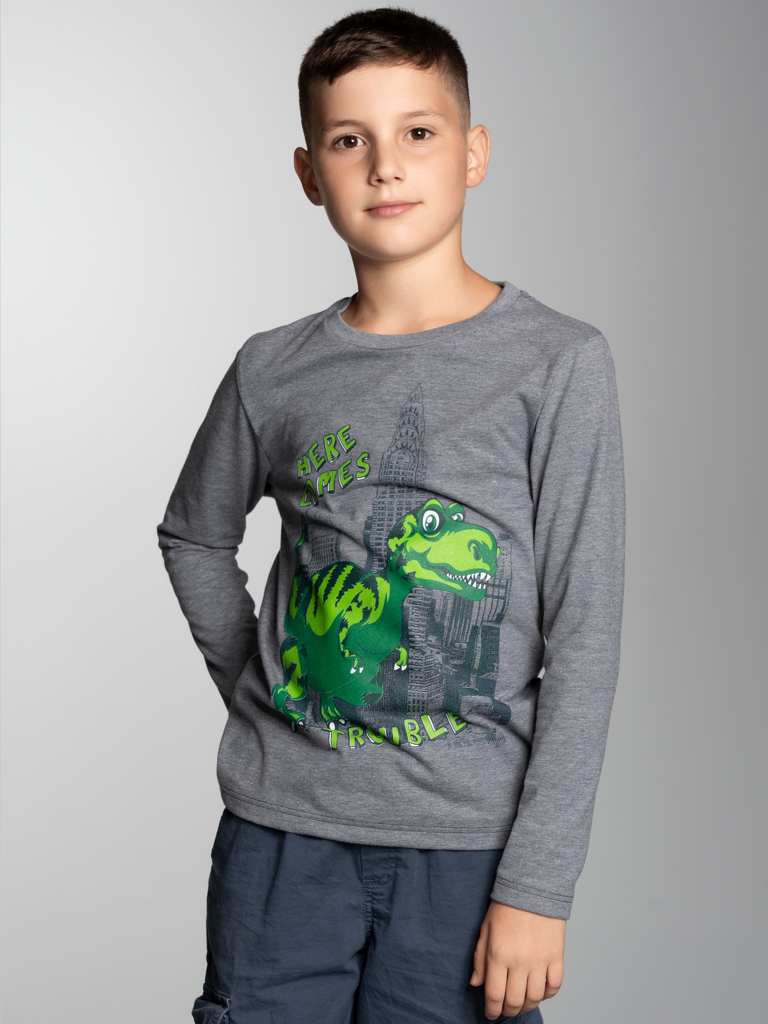 Langarmshirt mit Trouble Dino-Printmotiv Steingrau-melange
