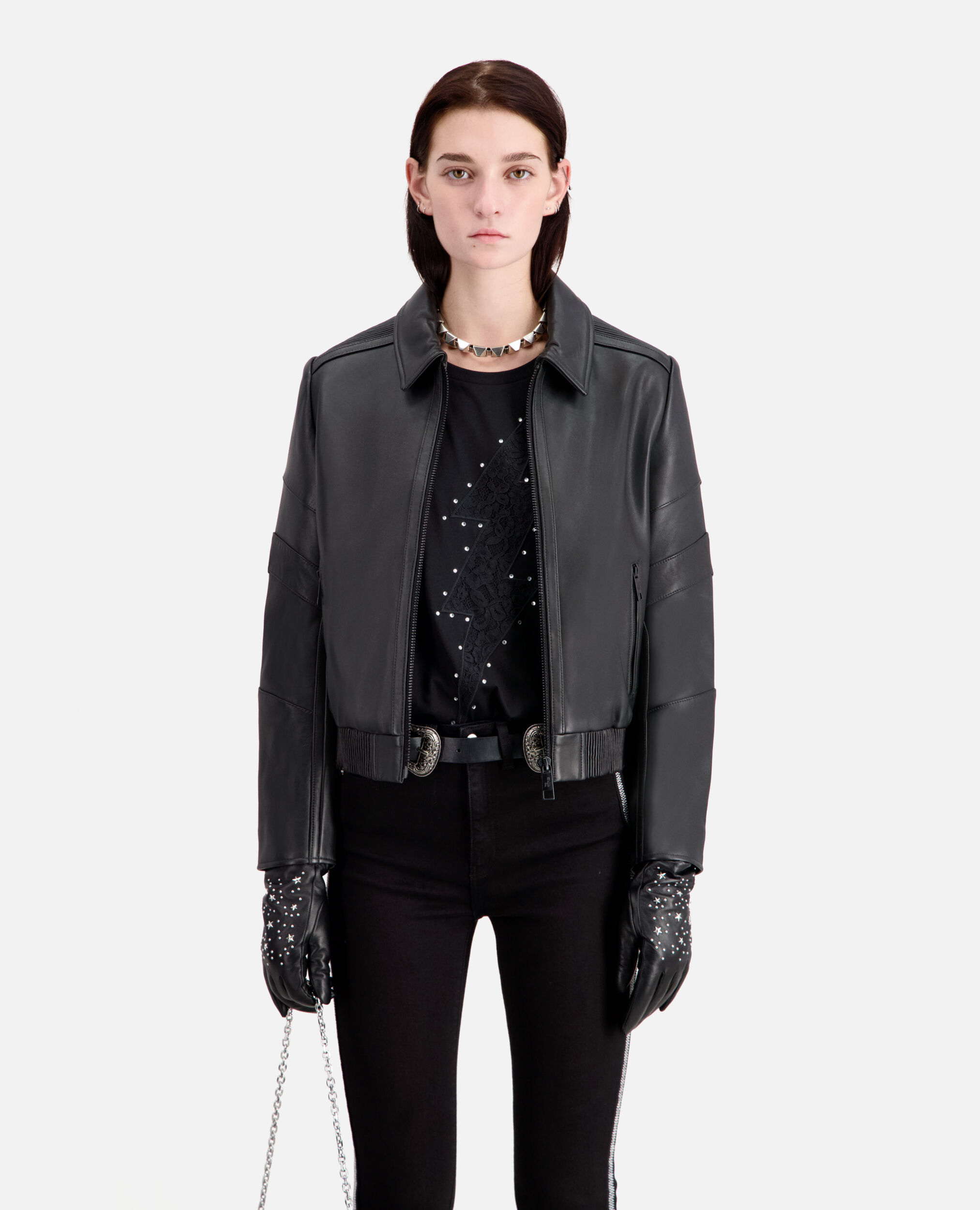 Black leather biker jacket