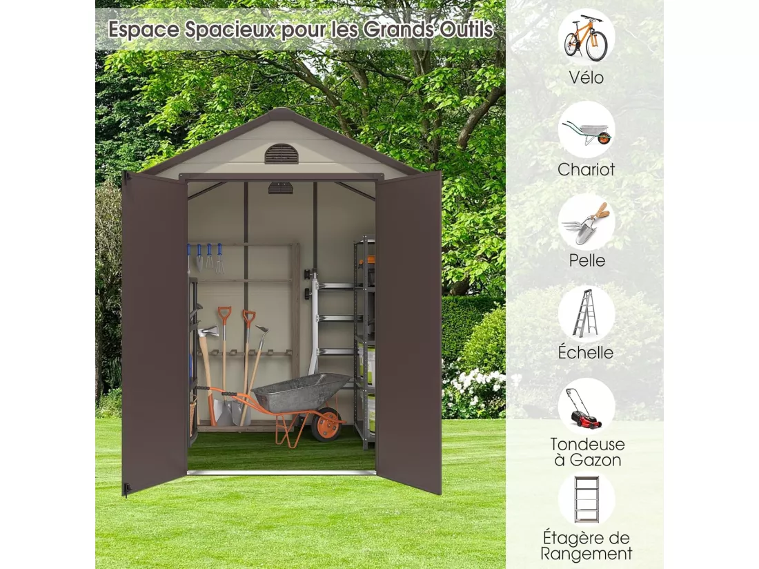 Abri de Jardin Extérieur 6.2 m³ avec Porte Verrouillable, Abri de Jardin PVC 3.1㎡ avec 2 Fenêtres, Toit en Pente, Cadre en Acier, Rampe pour Vélos, Outils, Cabane pour Jardin, Terrasse, Patio