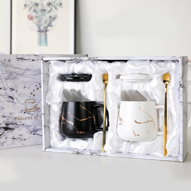 (2er Set) Keramik Kaffee Tasse Marmor Home Tee Cup mit Deckel   Löffel - Schwarz / Weiss