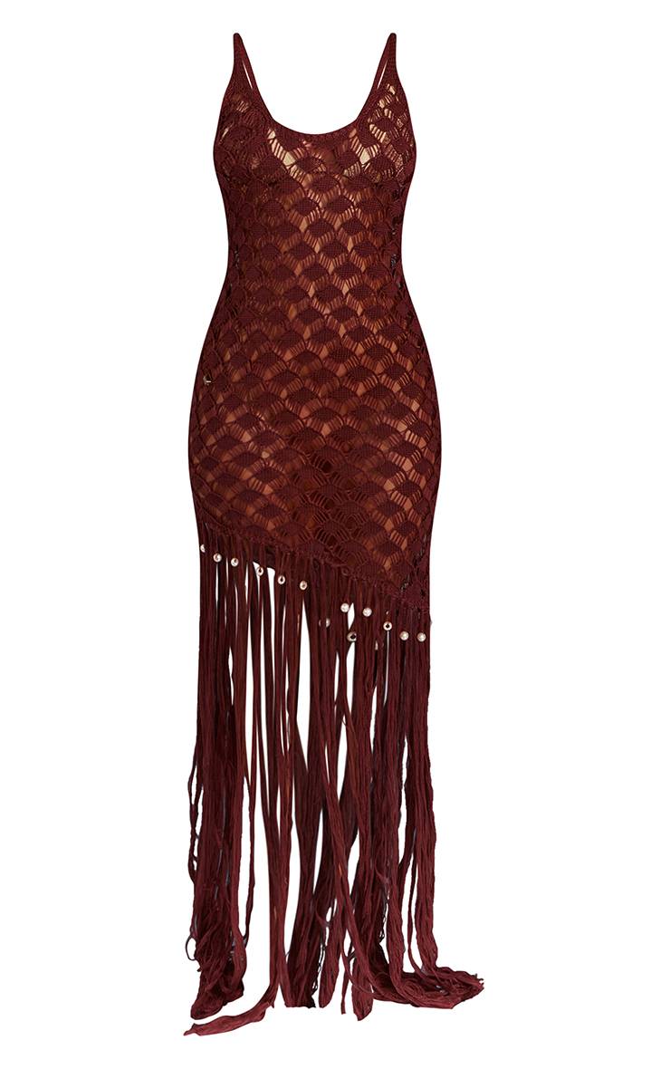 Rouge Robe Longue De Plage En Crochet À Franges Profondes